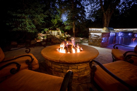 Fire bowl with blue-lit pool