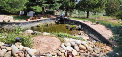 LCM crew member cleaning out a backyard pond