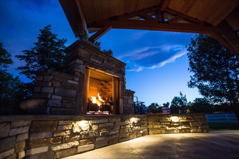 Stone fireplace at twilight