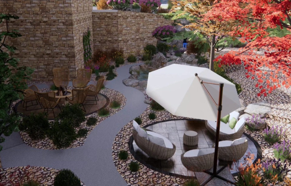 Design render from above of a fire pit circle ringed by wicker chairs, a paver lounge circle under a white umbrella, a small pond and waterfall by a stone wall, and a red maple