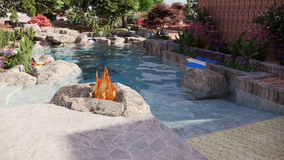Design render of a natural pool with a fire pit carved into a boulder at the water’s edge, a flagstone deck, a sandy entry and planted beds along a wood-edged wall