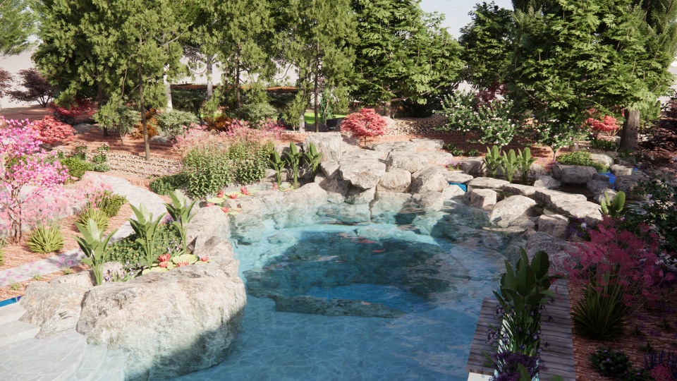 Design render of a natural pool fed by a stacked-rock waterfall, with water lilies in the rock pockets and flowering trees and shrubs around it