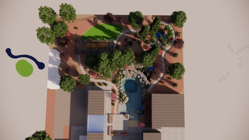 Overhead design plan of the whole backyard: the natural pool with its waterfall and fire pit by the house, curving paths, the pergola dining area, the lawn and trees