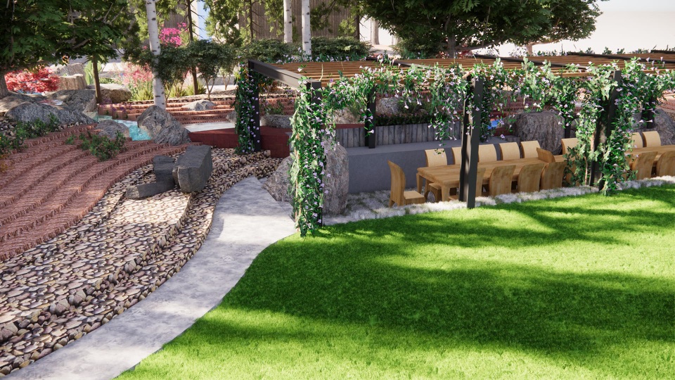 Design render of a long dining table under a black steel pergola draped in flowering vines, beside a green lawn and a curving path past terraced beds