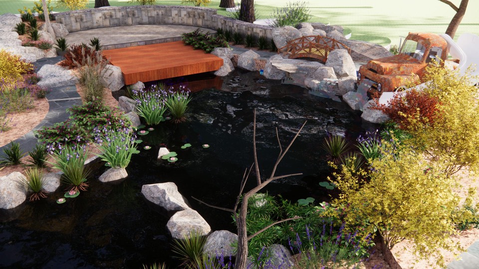 3D design view from above the pond, showing the wood deck over the water, the footbridge and the rusted-truck waterfall with its slide