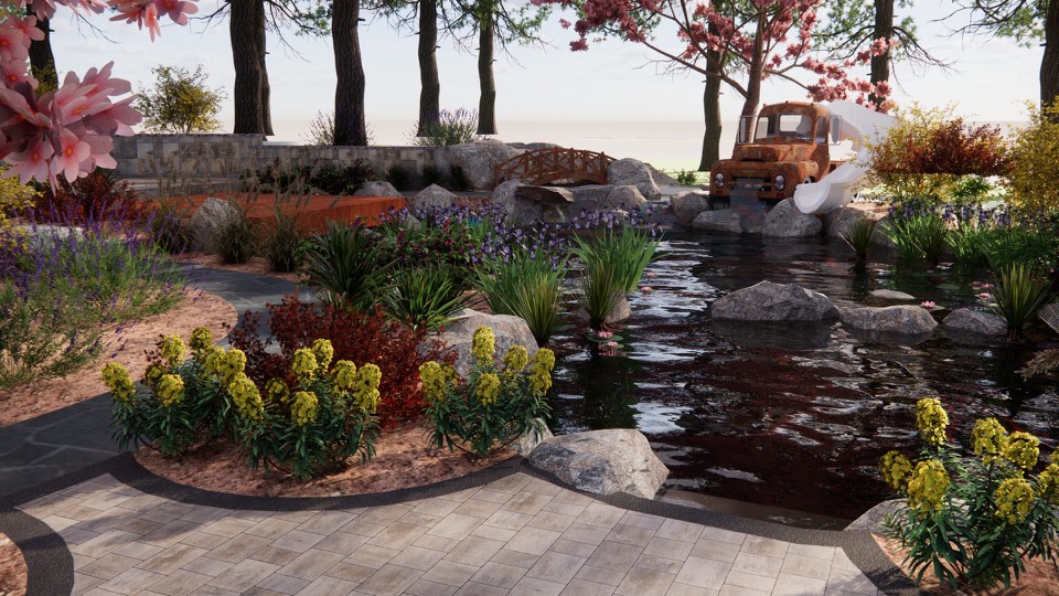 3D design view at eye level from the patio edge, over the pond to the rusted truck, the slide and the arched footbridge