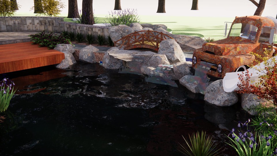 3D design close-up of water spilling from the front of the rusted truck beside the slide, with the footbridge and deck behind