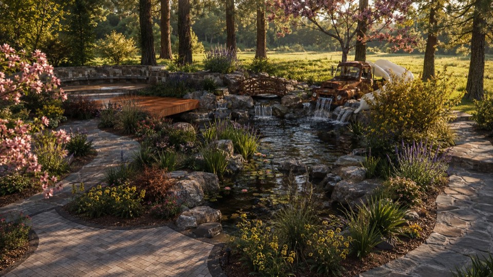 Photoreal design render of a pond fed by a waterfall pouring from a rusted pickup truck, with a white slide beside it, an arched footbridge, a wood deck and stone paths