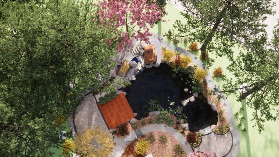 Top-down design plan of the pond with the deck, footbridge, rusted-truck waterfall and slide, and the patios and paths around it