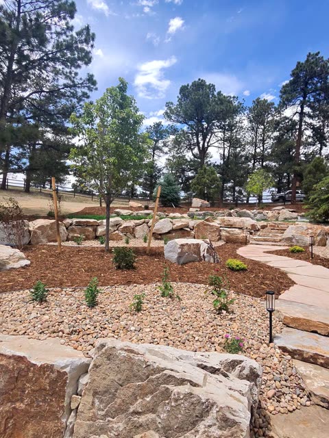 Boulder wall above mulch beds and river rock planted with young low-water shrubs